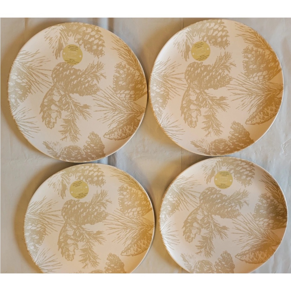 4x Dinner Melamine Plates Winter Pinecones Tan Beige Holiday Farmhouse Lot